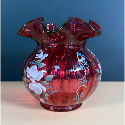 Fenton Cranberry Glass Vase Hand Signed C. Smith Painted Floral Ruffled Rim