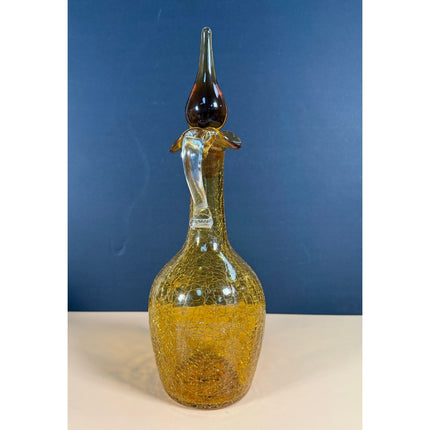 Yellow Crackle Glass Decanter with Stopper 9.5" Decorative Glass Bottle