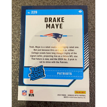 2024 Panini Donruss Optic Rated Rookie RC Drake Maye #229 New England Patriots
