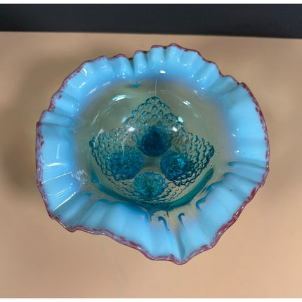 Antique Jefferson Blue Opalescent Footed Bowl Ruffled Cranberry Rim 7"