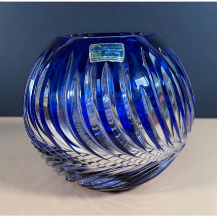 Lausitzer Glas Blue Hand-Cut Art Glass Vase East Germany w/ Label Vintage