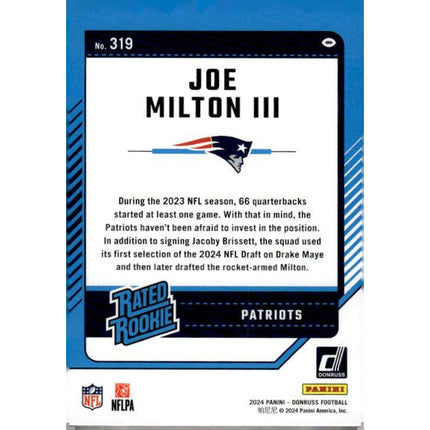 Joe Milton III 2024 Donruss #319 RC New England Patriots