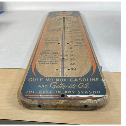 Vintage 1940s Gulf No-Nox Gasoline Metal Thermometer Sign – Working!