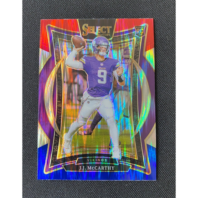 J.J. McCarthy 2024 Panini Select #24 RC Red Blue Prizm Concourse Vikings