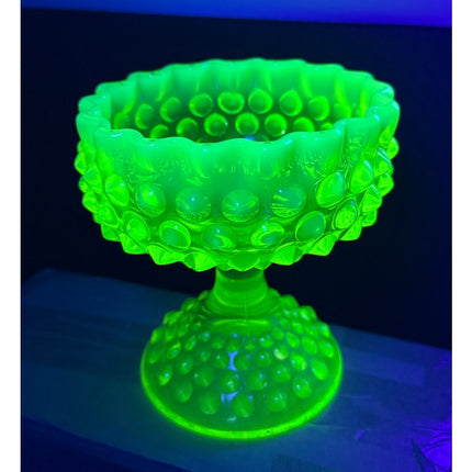 Fenton Uranium Glass Footed Hobnail Candy Dish 5 3/4" Topaz Opalescent Vaseline