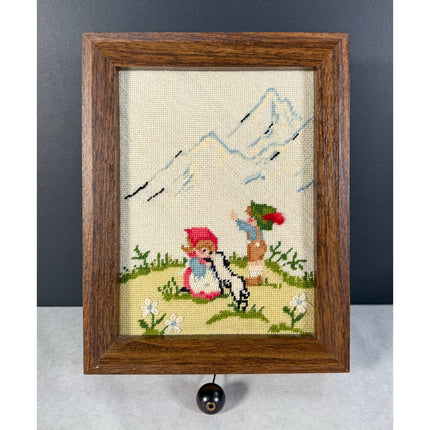 Child’s Needlepoint Picture Music Box in Frame Working Vintage Collectible