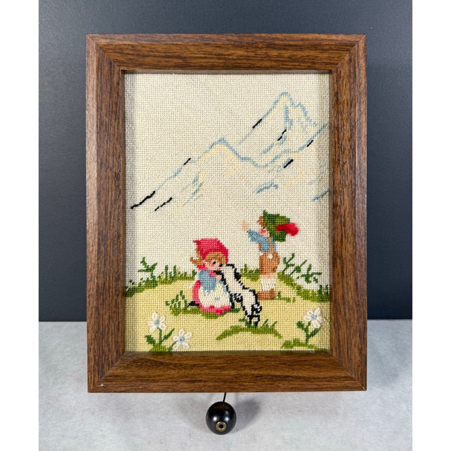 Child’s Needlepoint Picture Music Box in Frame Working Vintage Collectible