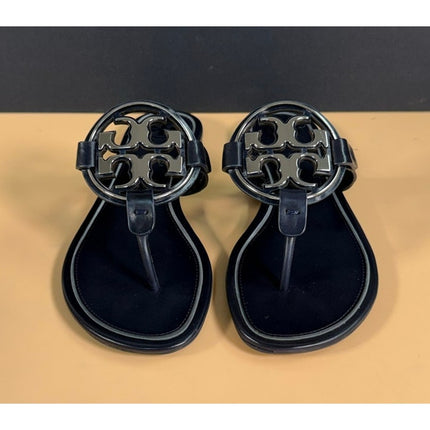 Tory Burch Miller Metal Logo Thong Sandals Navy Silver #47617 Women's 6.5 NIB