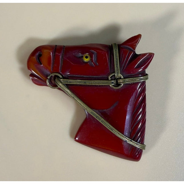 Bakelite Horse Brooch Brownish Red with Gold Trim 2.5" Vintage Pin Jewelry