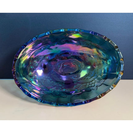 Indiana Glass Harvest Grape Carnival Glass Iridescent Footed Bowl 12" Vintage