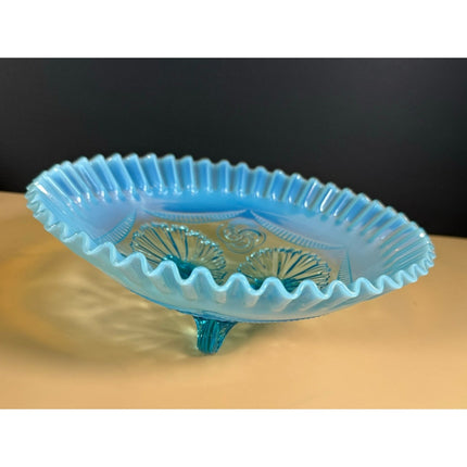 Antique Blue Opalescent Pretzel Footed Bowl Ruffled Rings Art Glass 9"
