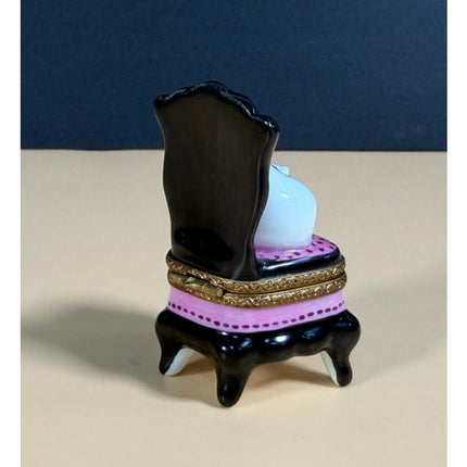 Limoges France Porcelain Cat Napping on Chair Figurine Hand Painted Trinket Box