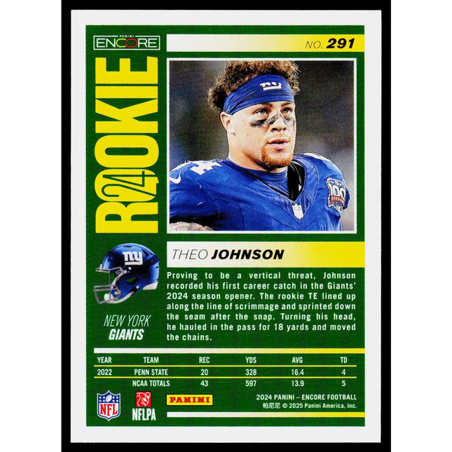 Theo Johnson 2024 Panini Encore #291 RC New York Giants