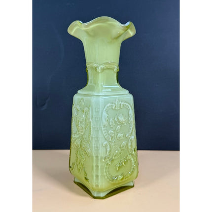 Imperial Glass Mephistopheles 8.5" Vase Vintage Green White Milk Art Glass