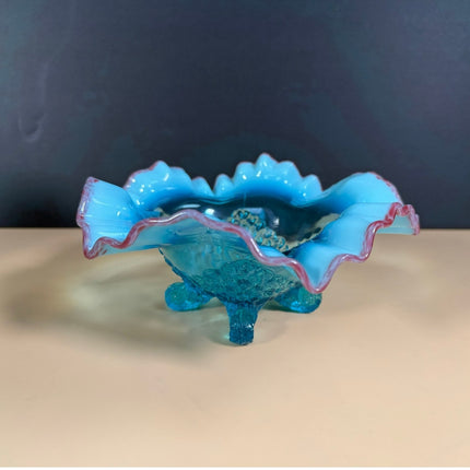 Antique Jefferson Blue Opalescent Footed Bowl Ruffled Cranberry Rim 7"