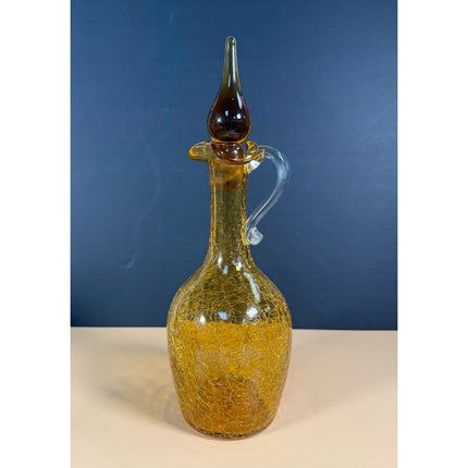 Yellow Crackle Glass Decanter with Stopper 9.5" Decorative Glass Bottle