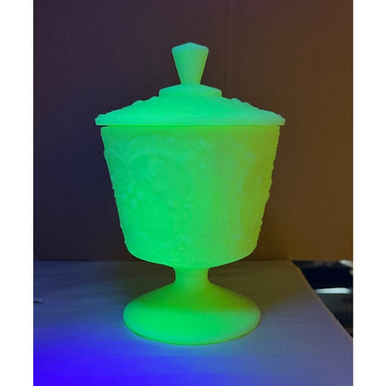 Fenton Green Custard Uranium Glass Pedestal Candy Dish with Lid 9" Vintage