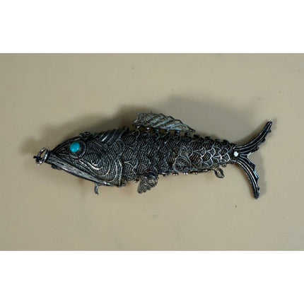 Vintage Koi Fish Sterling Silver Articulated Pomander Pendant Turquoise Eyes