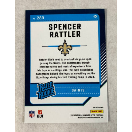 2024 Donruss Optic Spencer Rattler RC #289 Blue Hyper Prizm Rated Rookie Panthers