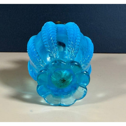 Vintage Blue Opalescent Ribbed Glass Oil Lamp 7 1/4" Tall with Chimney