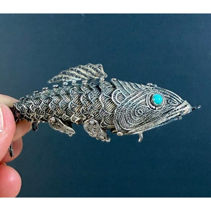 Vintage Koi Fish Sterling Silver Articulated Pomander Pendant Turquoise Eyes