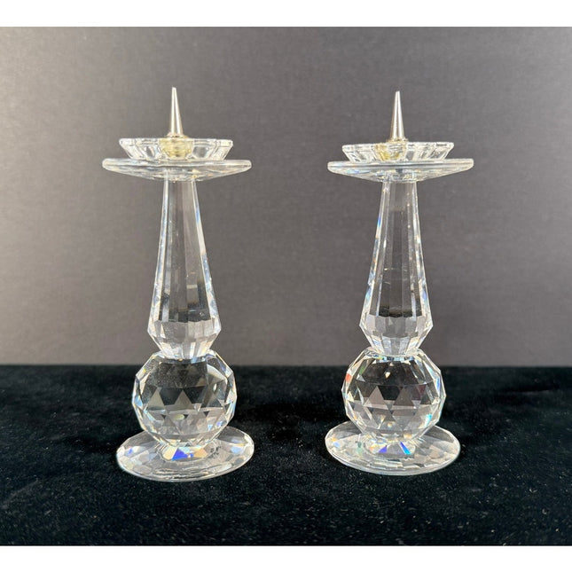Swarovski Crystal Pillar Candle Holders Set of 2 Signed 4” Pin Style