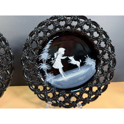 Pair of Westmoreland Black Glass Lattice Edge Plates 8.5" Vintage Art Glass