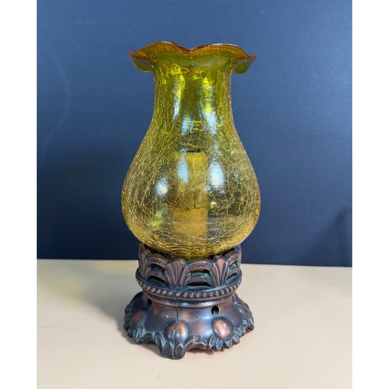 Vintage Crackle Glass Candle Lamp Yellow 9" Gold Painted Cast Base