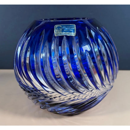 Lausitzer Glas Blue Hand-Cut Art Glass Vase East Germany w/ Label Vintage