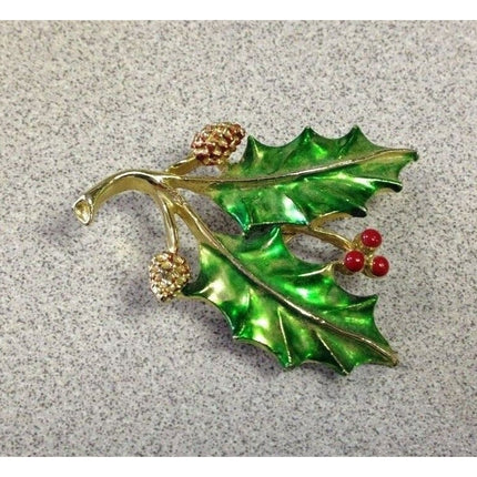 Vintage 1960s Gerry’s Costume Holiday Brooch – Holly Leaves & Berries – Signed