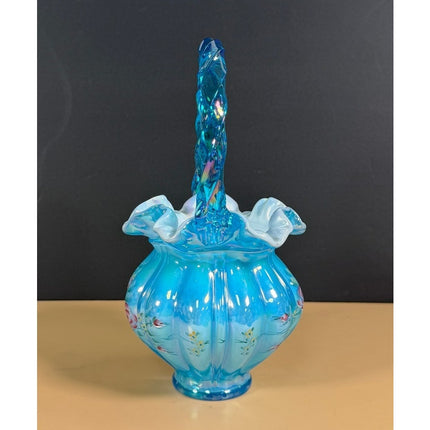 Fenton Signed Bill Fenton Hand Painted Blue Ruffle Glass Vase Basket Label