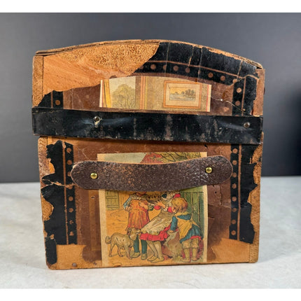 Child’s Humpback Trunk w/ Victorian Scenes – Early 1900s Antique Chest