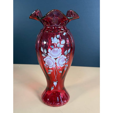 Fenton Cranberry Glass Vase Hand Painted Floral Ruffled Rim Signed C.R. Kelley