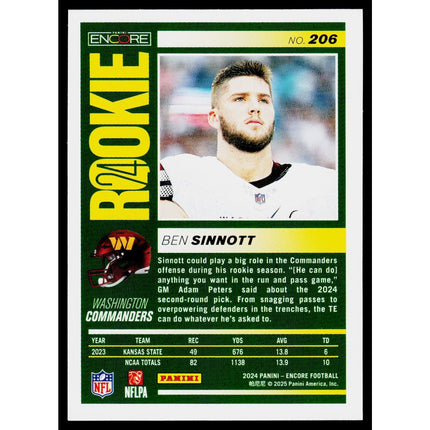 Ben Sinnott 2024 Panini Encore #206 RC Washington Commanders