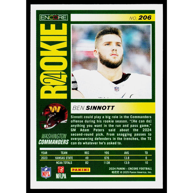 Ben Sinnott 2024 Panini Encore #206 RC Washington Commanders