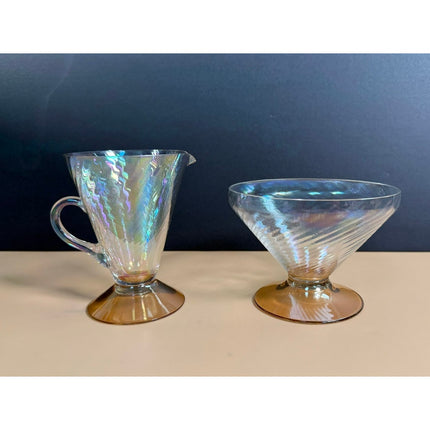 Vintage Carnival Glass Footed Pitcher and Bowl Iridescent Serving Set