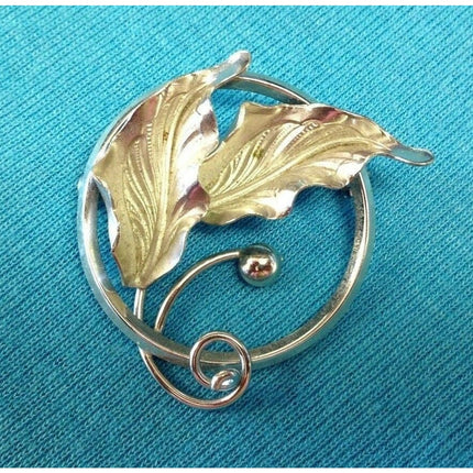 Vintage C.R. Co. 12K Gold Filled Silvertone 1 1/4" Leaf Design Brooch