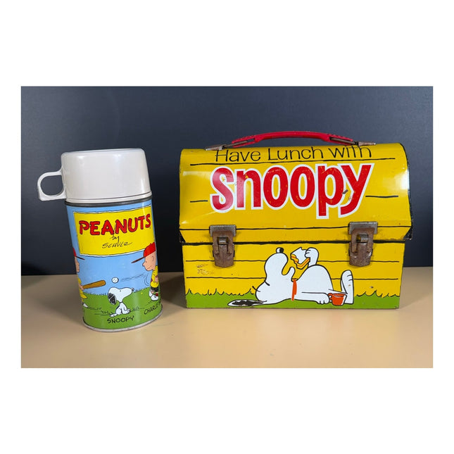 Vintage Snoopy “Have Lunch with Snoopy” Metal Dome Lunchbox w/ Blue Thermos