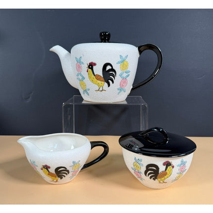 Vintage Mid-Century Modern Flowers & Rooster Lidded Tea Set 3-Piece Set
