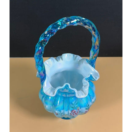 Fenton Signed Bill Fenton Hand Painted Blue Ruffle Glass Vase Basket Label