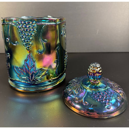 Indiana Carnival Glass Canister Candy Jar w Lid Iridescent Blue Grape