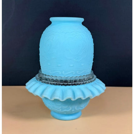 Fenton Blue Satin Persian Medallion 3-Piece Ribbed Fairy Lamp Candle Holder 6.5"