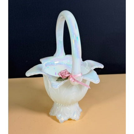 Fenton Opalescent Flowered Basket 6.5" White Vintage Art Glass