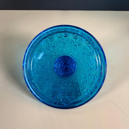 L.E. Smith Blue Daisy & Button Pedestal Candy Dish 8.5" Vintage Glass