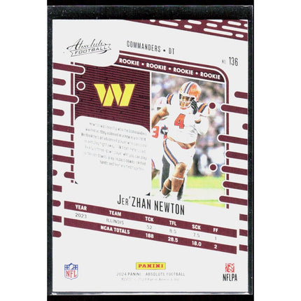 Jer'Zhan Newton 2024 Panini Absolute Retail #136 RC Washington Commanders