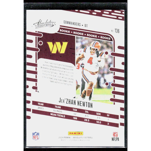 Jer'Zhan Newton 2024 Panini Absolute Retail #136 RC Washington Commanders