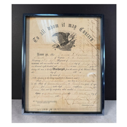 1864 Civil War Discharge Document – 37th Regiment Mass. Volunteers – Framed