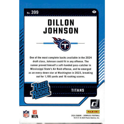 Dillon Johnson 2024 Donruss #399 RC Tennessee Titans
