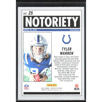 Tyler Warren 2025 Panini Mosaic Notoriety #25 Indianapolis Colts