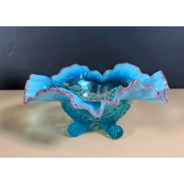 Antique Jefferson Blue Opalescent Footed Bowl Ruffled Cranberry Rim 7"